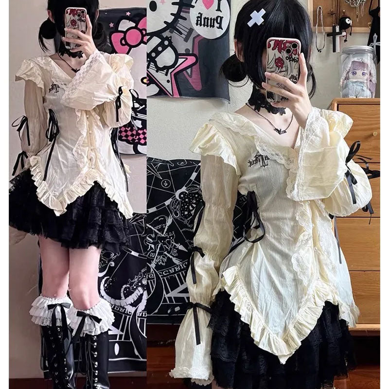 レースシャツ グランジ ゴシック イレギュラー ブラウス 原宿 バンデージ シャツ ヴィンテージ ロリータ 洋服 lolita vネックレデイーズ